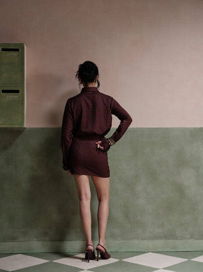 Thea Belted Twill Dress Set-Wine