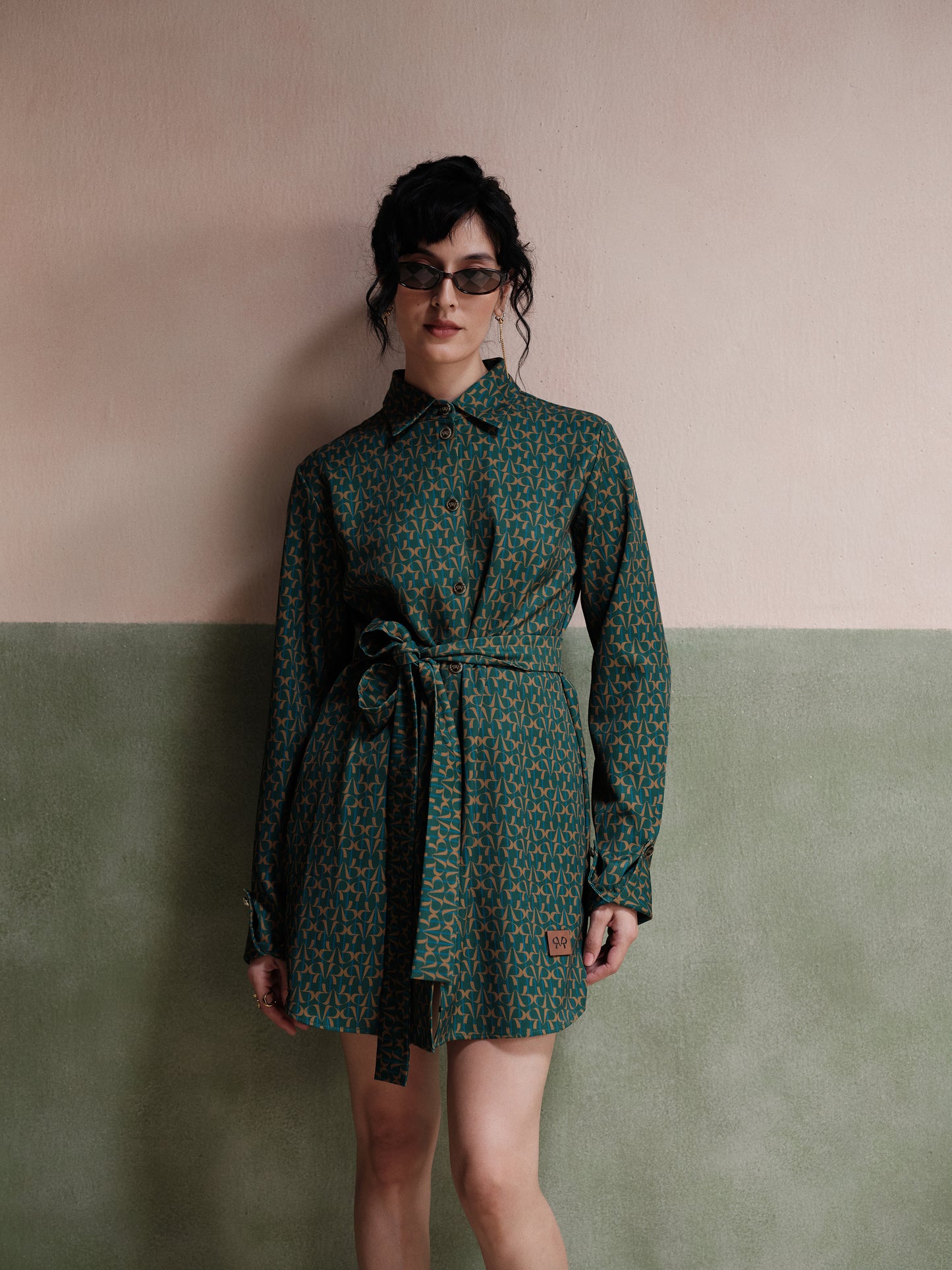 Thea Belted Twill Dress Set - Emerald