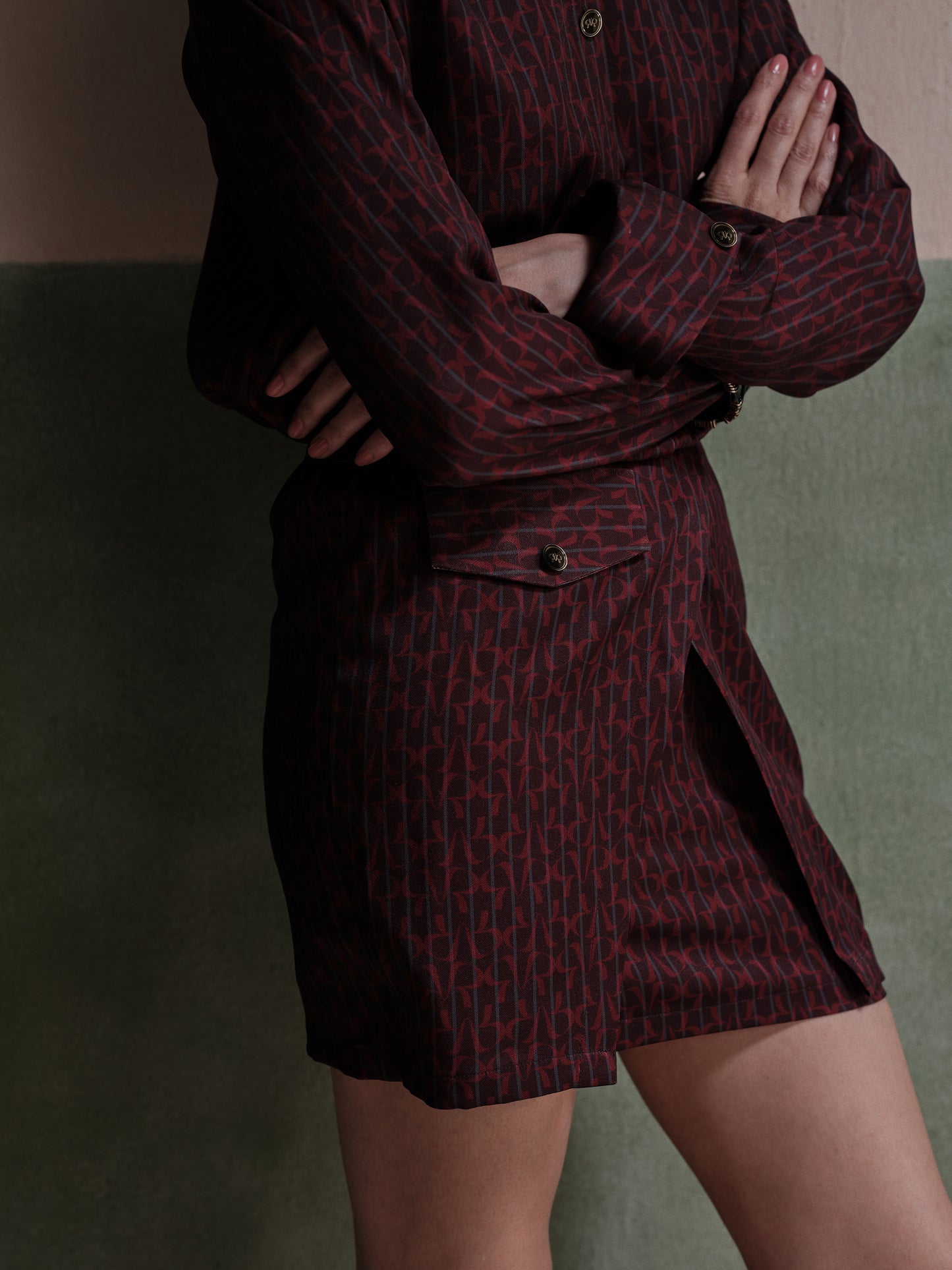 Thea Belted Twill Dress Set-Wine