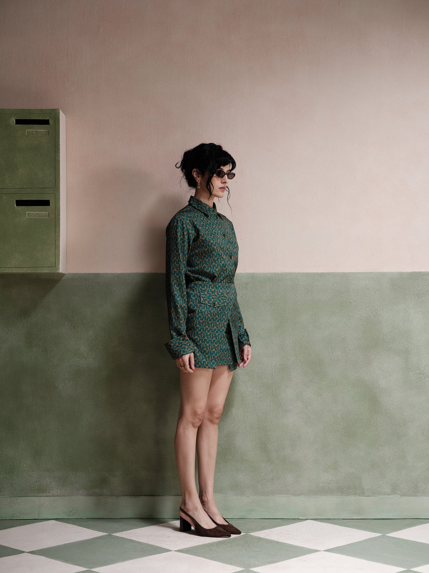 Thea Belted Twill Dress Set - Emerald