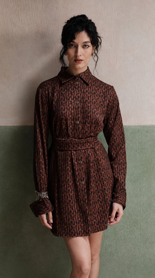 Thea Belted Twill Dress Set-Coffee